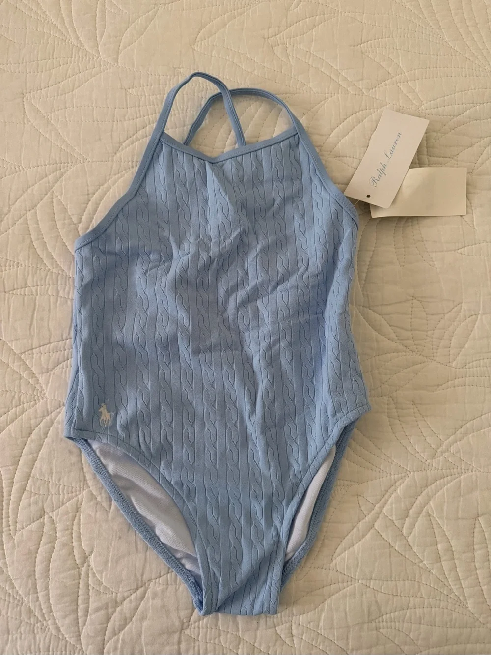 Ralph Lauren Light Blue Girls Cable-Knit One-Piece Swimsuit